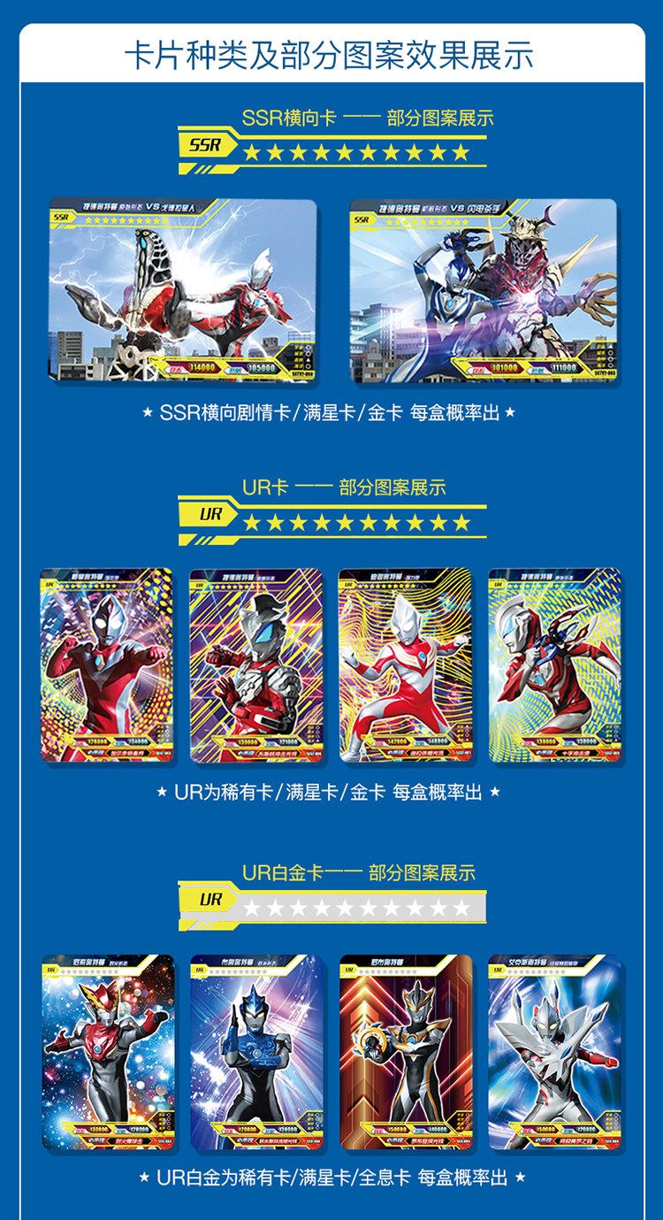 适用于奥特曼卡片cp满星卡牌3d立体hr荣耀版一盒ur金卡10元钱20全