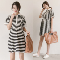 Fashion Chauma dress with long style Pregnancy Pure Cotton Blouse Korean Version Loose Big Code Short Sleeve Striped Shirt Dress