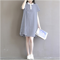 Loose Big Code 200 Catty Pregnant Woman Summer Clothing Dress dress Korean version Fashion striped T-shirt Pure Cotton Short Sleeve A-word Dress Tide