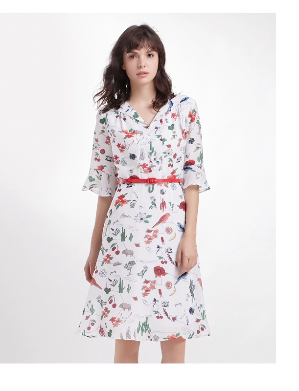 Mingshilu đầu mùa xuân mới của phụ nữ váy voan hoa trắng cổ chữ V tay áo gợn sóng eo váy a-line - A-Line Váy