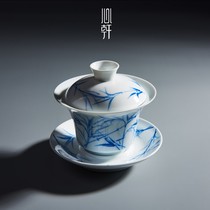 Hand-painted blue and white bowl pure handmade Jingdezhen white porcelain Thin tire bamboo three hands grab tea bowl tea cup tea set
