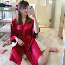 Pajama girl Xia Bingsi short-sleeved nightgown big size fat MM200 pounds red wedding true silk morning robe female spring and autumn