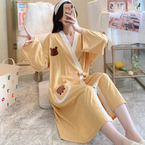 The long-dressed female spring and autumn pure cotton long-sleeved nightgown increases the size of the fat MM200 pounds pregnant girl pajama girl summer