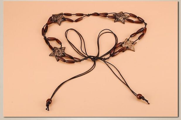 宽2厘米 波西米亚风蜡绳打结连衣裙细腰带女式腰链 棕色梅花椭圆