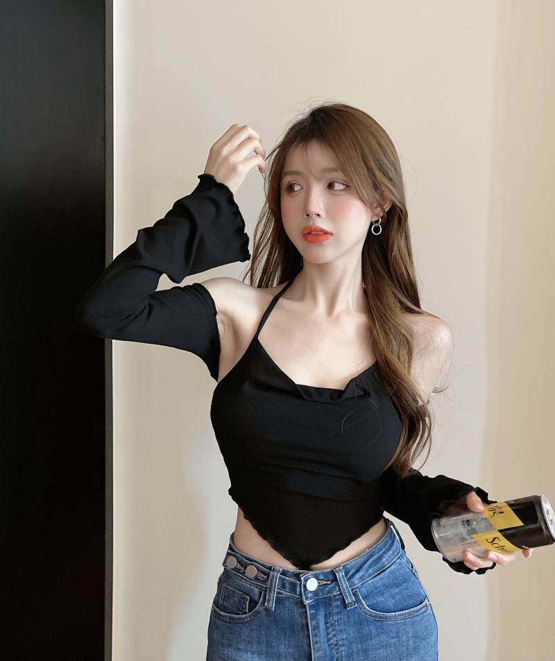 实拍实价 性感挂脖吊带显瘦外搭长袖t恤罩衫两件套上衣