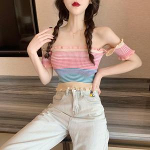 Sexy thin stripe T-shirt off shoulder T-shirt with high waist