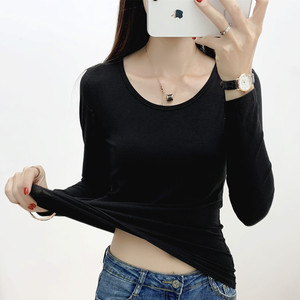 纯棉长袖t恤女秋衣2019秋冬新款紧身体恤内搭保暖衣黑色打底衫女