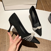 French high heels Net red 2021 small fragrant wind Spring New pointed Pearl shallow shoes female temperament