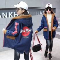 Girls denim jacket childrens new plus velvet padded coat Spring and autumn girls Korean version of long trench coat