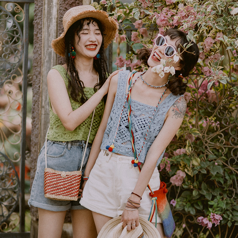 Boho knitted cutout camisole Women wear blouse Island holiday wear Thai travel clothes