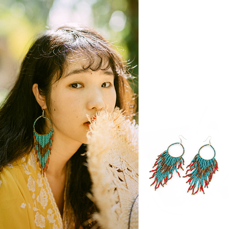 Boho holiday romantic Su earrings net red heavy exaggerated earrings female long tassel temperament thin face