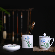 Liling porcelain under-glaze multicolored ceramic stationery three-piece teacup ashtray pen holder office supplies set tea set