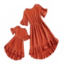 2021 summer baby ruffled parent-child dress small girl horn cuff mother and daughter front short back long fishtail skirt