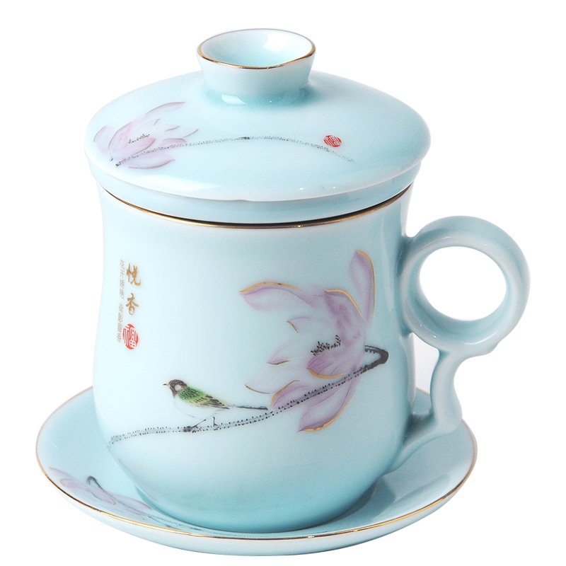 Jingdezhen ceramic cup ultimately responds cup office tea cup celadon mark cup with cover carry filtering cup