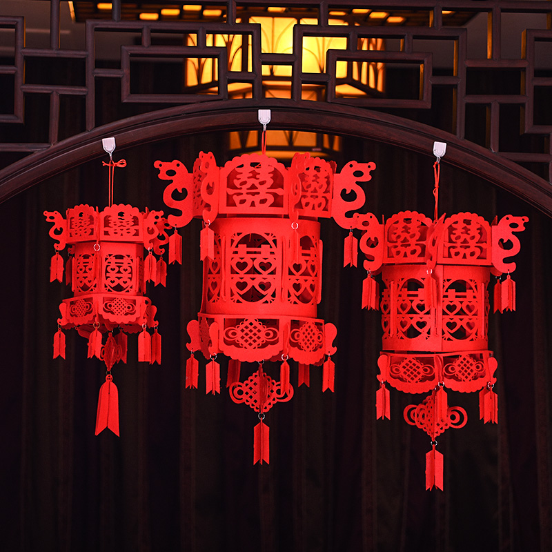 结婚灯笼无纺布宫灯吊灯婚房装饰布置用品镂空喜字中式六角宫灯