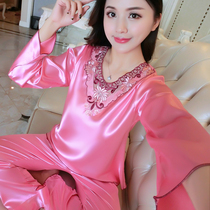 Spring Autumn Pyjamas Woman Suit Thin Lady Ice Silk Long Sleeve Sexy Silk Home Conserved Autumn Noble Two Sets Summer