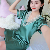 Sleeping Skirt Woman Summer Short Sleeve Ice Silk Sexy Pyjamas Woman Summer Silk Middle Long Dress Princess Snowspun True Silk Home Clothing