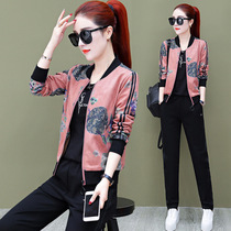 Fashion casual sports suit womens spring and autumn baseball suit 2019 new western style printed loose sportswear three-piece suit