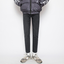 Korean version of winter slim straight tube plus velvet thick elastic black Gray retro denim pants men and women fashion trend