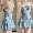 Blue flower one piece swimsuit and floral skirt two-piece set