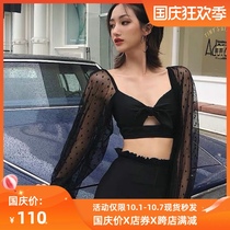 cicory new Korean sexy backless ins Wind long sleeve black bow knot gather hot spring split swimsuit women