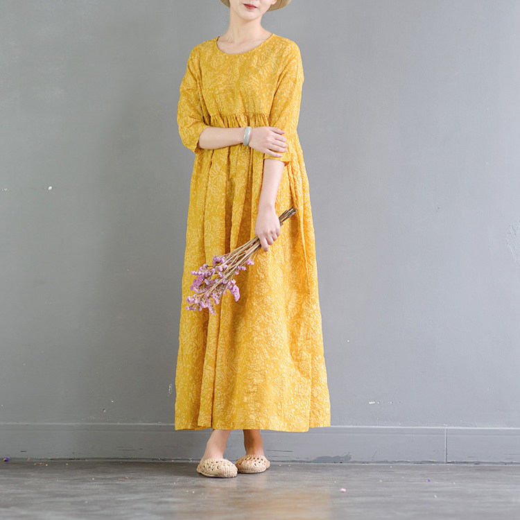 棉麻裙子夏长裙夏季薄款宽松大码文艺范袍子收腰印花盐缩棉连衣裙