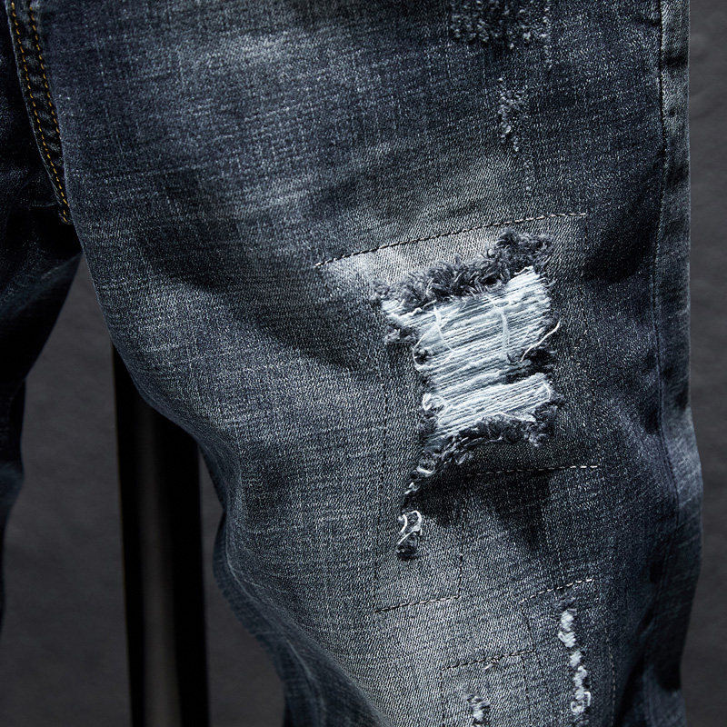 夏天破洞牛仔裤男民族风裤子男绣花韩版潮流夏款带花裤子男刺绣潮