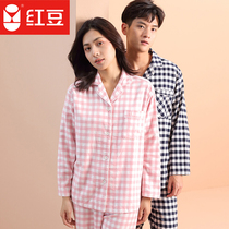 Red bean autumn and winter pure cotton woven brushed couple pajamas mens and womens home clothes long-sleeved suit counter with the same