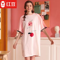 Red bean spring and summer womens short-sleeved night dress pure cotton simple cute womens round neck color matching comfortable night dress
