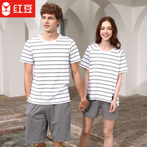 Red bean home wear striped short sleeve shorts mens and womens pajamas summer red bean cotton couple house wear T-shirt two-piece set