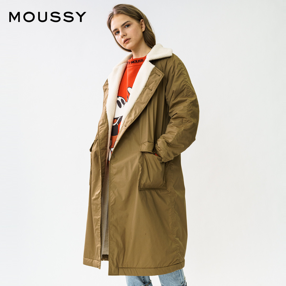 moussy2020冬季新品摇粒绒拼接宽松休闲棉服