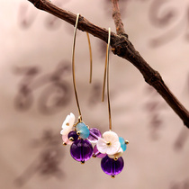 Long Style Fashion East Mausoleum Jade Earrings Shell Cherry Blossom Earrings South Korea 100 Hitch Temperament Ear Nail Small Frescoed Ear Accessories