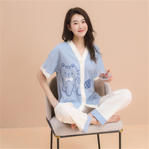 Spring Summer Short Sleeve Long Pants V Collar Pure Cotton Pyjamas Lady Thin home Clothing Full Cotton Kimono Cartoon Cartoon Suit