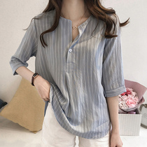 Snowspun Shirt Woman 2020 Summer striped shirt short sleeve shirt foreign air fashion Relaxed Little Shirt Temperament Blouse Girl