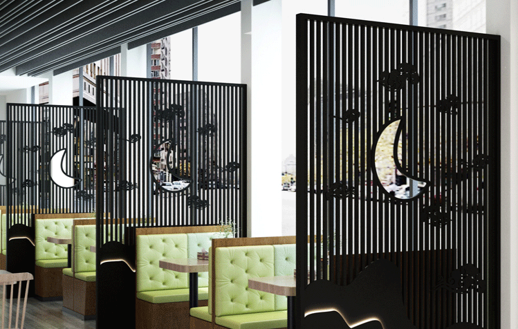 新中式餐厅屏风火锅店隔断饭店镂空玄关发光装饰带灯假山水隔断墙