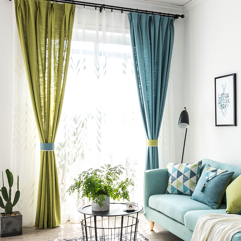 简约蓝绿色棉麻窗帘