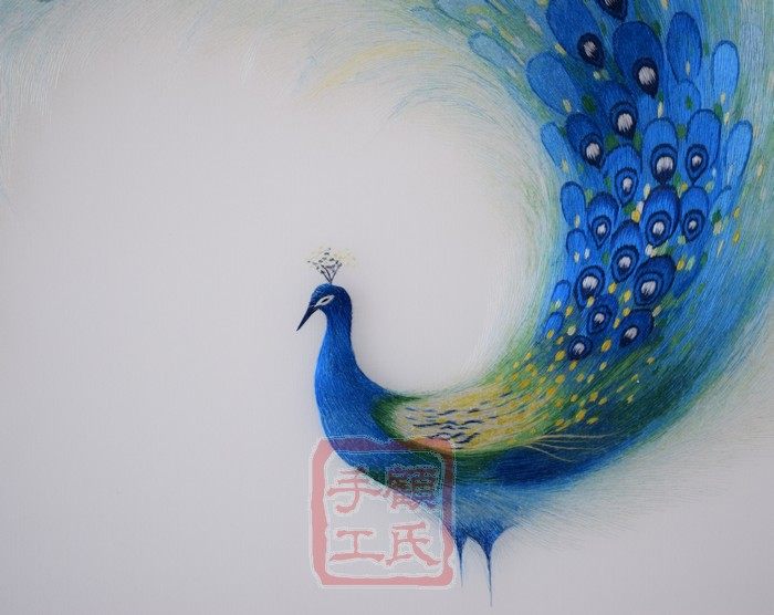 54*54顾氏苏绣蓝孔雀,孔雀开屏刺绣画,简欧风格挂画二