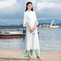 Summer China Wind improved version Hanfu qipao dress suit two sets of Chinese style retro womens dress tea suit Zen