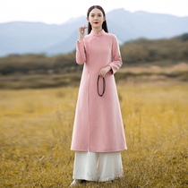 Autumn and winter Tang suit women Chinese style improved cheongsam top Chinese woolen coat buckle retro coat Zen tea suit