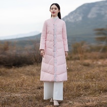 Chinese National style white duck down embroidery down jacket female winter long knee Chinese retro thick Hanfu jacket