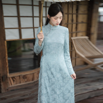 Chinese style disc buckle lace tencel qipao Improved version one-piece dress Spring autumn season Chinese Wind Zen Serie A woman with tea suit Senqi