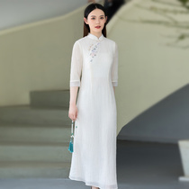 Chinese wind improved version cotton numb qipao with dress women Summer 2022 spring and summer Chinese style retro meditation tea service Senqi