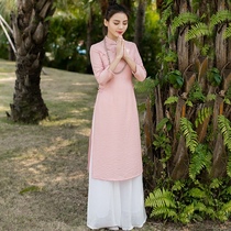 Chinese style cotton linen cheongsam modified dress two-piece long skirt suit Chinese retro womens Zen tea suit