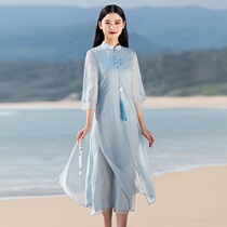 Chinese style Hanfu Modified Embroidered Cheongsam Dress 2021 Summer New Chinese Retro Zen Tea Clothing Women