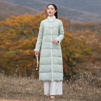 Chinese style winter wear retro buckle light down jacket female white duck down long knee modified version Tang suit Hanfu
