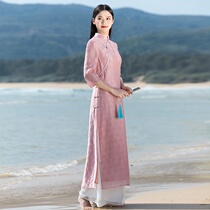 Chinese style modified version of Ao Dai cheongsam dress female summer Chinese buckle retro womens Zen tea clothing literature