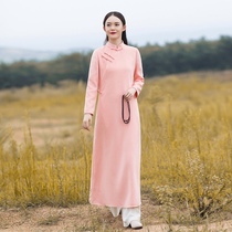 Autumn and winter Chinese style modified version of woolen cheongsam dress Chinese buckle retro womens Zen tea clothing literature