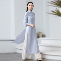 Tang Loaded Hanfu Chinese Wind Womens Dress Cotton Linen Embroidery Improved Qipao Blouse Blouse Summer Chinese Pan Button Zen Tea Art Costume