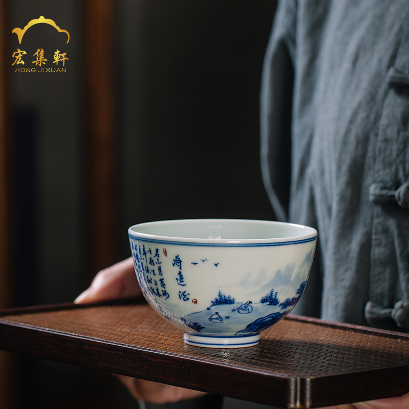 The Master cup single hand - made ceramic cups of jingdezhen blue and white, blue and white inside and outside the firewood and calligraphy sample tea cup