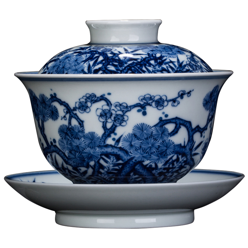 Jingdezhen firewood tureen hand - made ceramic tea set Chinese blue and white only maintain three tureen bowl cups by hand